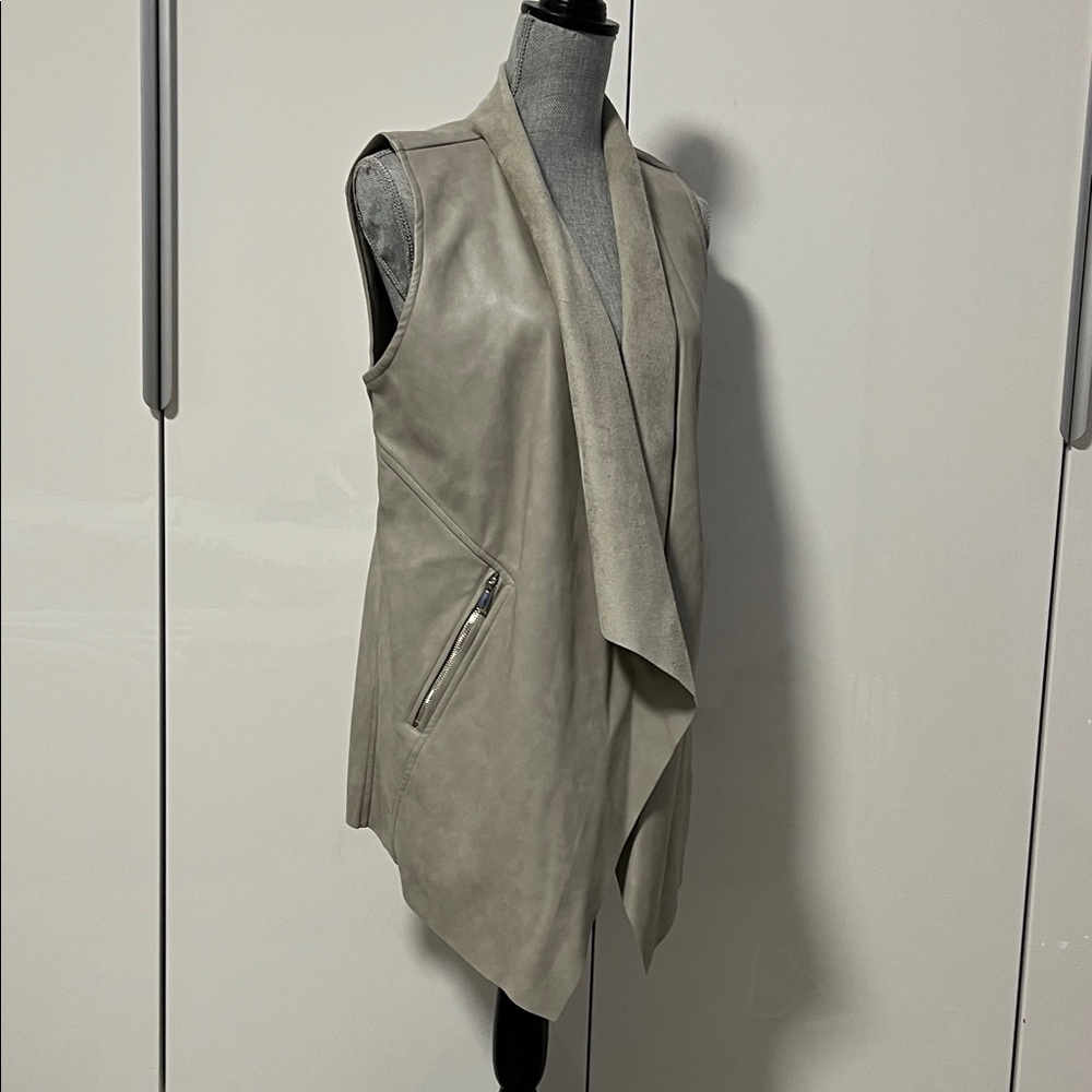 PHILOSOPHY NWOT Sleeveless Faux Leather Taupe Grey Long Vest Jacket, Size L